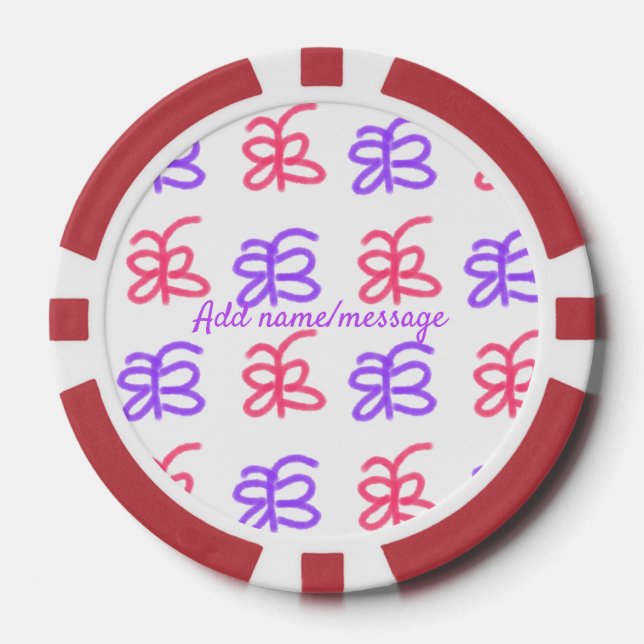 Purple pink butterfly doodle pattern add name text poker chips (Front)