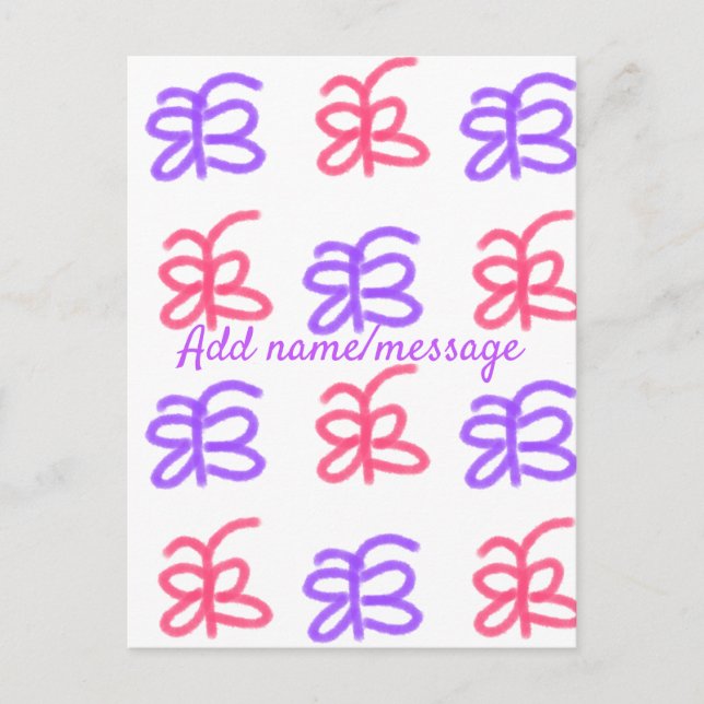 Purple pink butterfly doodle pattern add name text postcard (Front)