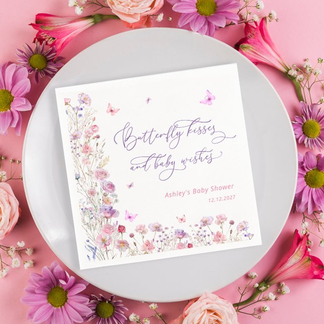 Purple Pink Butterfly Kisses Girl Baby Shower Napkin (Creator Uploaded)