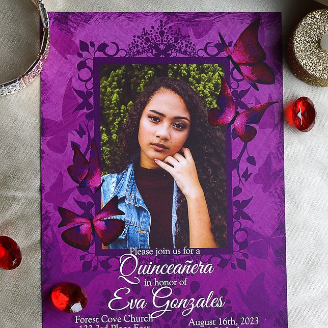 Purple, Pink Butterfly Quinceanera Invitation (Purple and red mis quince butterfly invitations for elegant purple quinceanera)