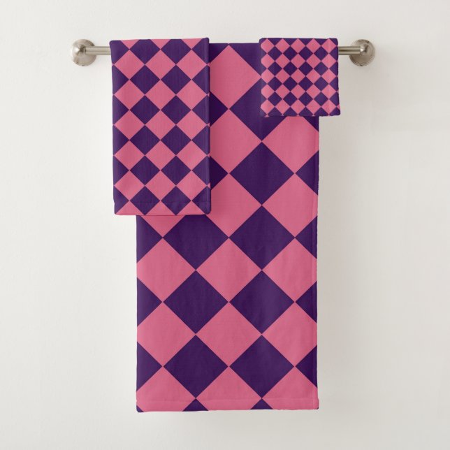 Purple Pink Chequered Diamond Pattern  Bath Towel Set (Insitu)