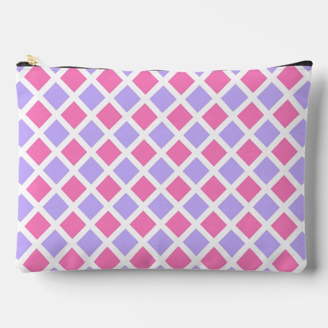 Purple Pink Chequered Diamond Pattern Large Accessory Pouch (Front)