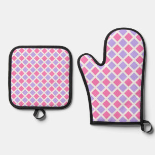 Purple Pink Chequered Diamond Pattern Oven Mitt & Pot Holder Set