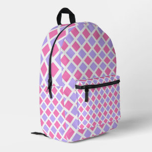 Purple Pink Chequered Diamond Pattern Printed Backpack