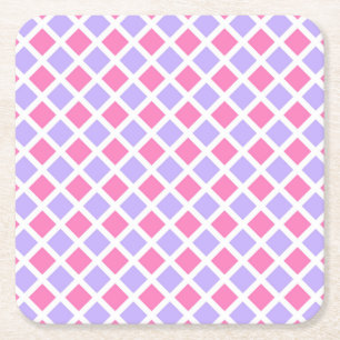 Purple Pink Chequered Diamond Pattern Square Paper Coaster