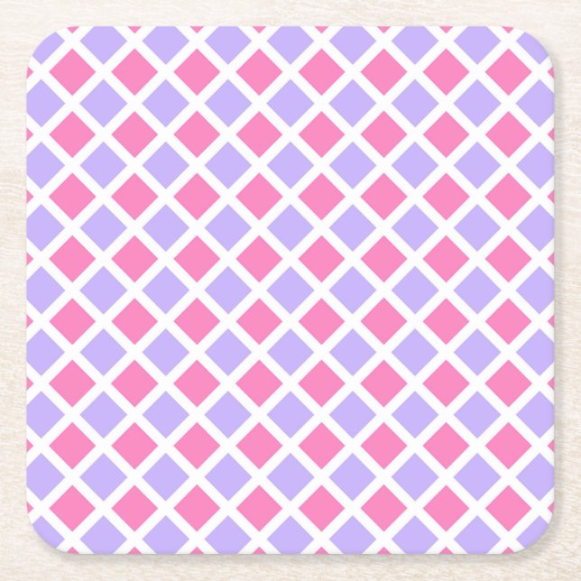 Purple Pink Chequered Diamond Pattern Square Paper Coaster (Front)