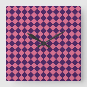Purple Pink Chequered Diamond Pattern Square Wall Clock