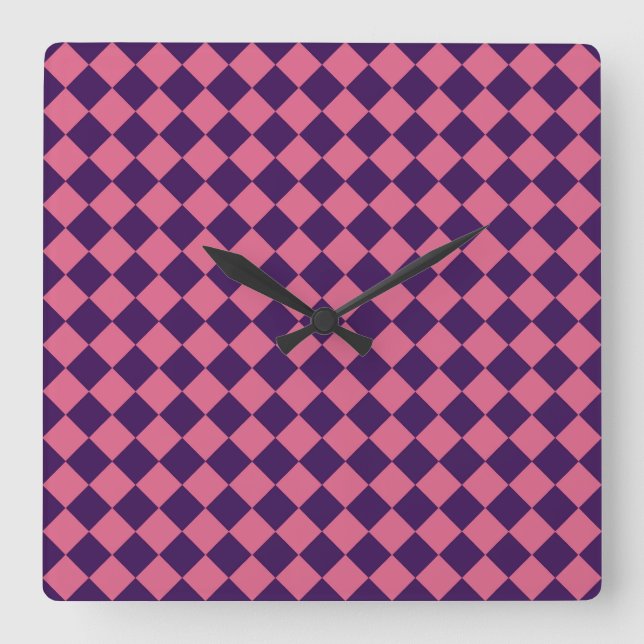 Purple Pink Chequered Diamond Pattern Square Wall Clock (Front)