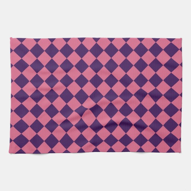 Purple Pink Chequered Diamond Pattern  Tea Towel (Horizontal)