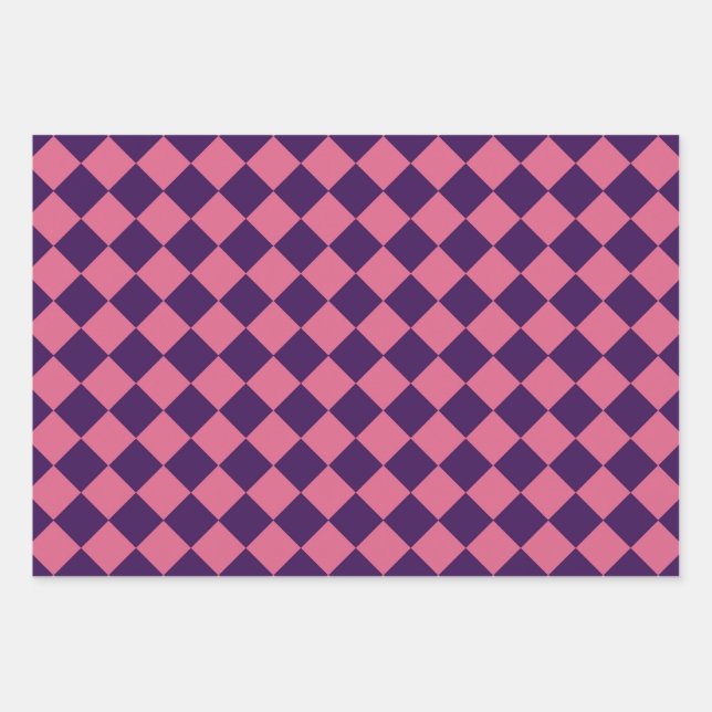 Purple Pink Chequered Diamond Pattern Wrapping Paper Sheet (Front)