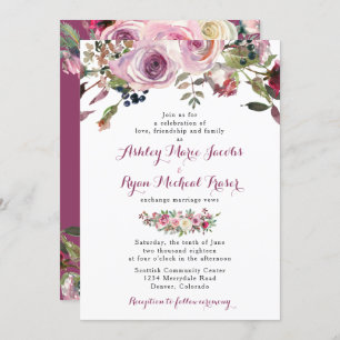 Purple Pink Chic Rose Floral Wedding Invitation