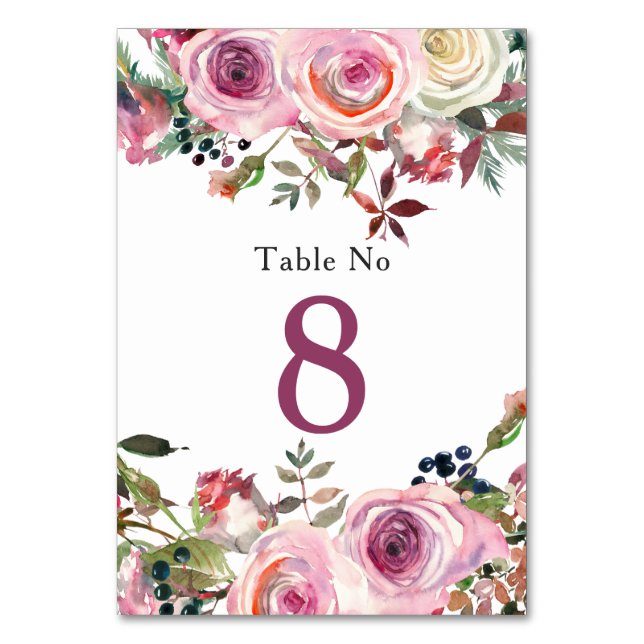 Purple Pink Chic Rose Floral Wedding Table Card (Front)