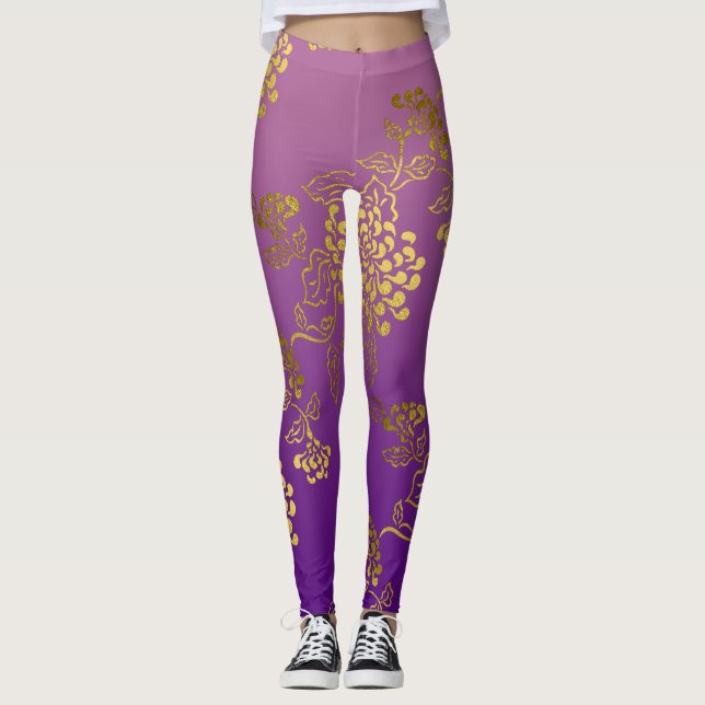 Purple Pink Chrysanthemum Ombre Fade Leggings (Front)
