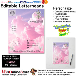 Purple Pink Clouds Dove Cross Funeral Memorial Custom Letterhead