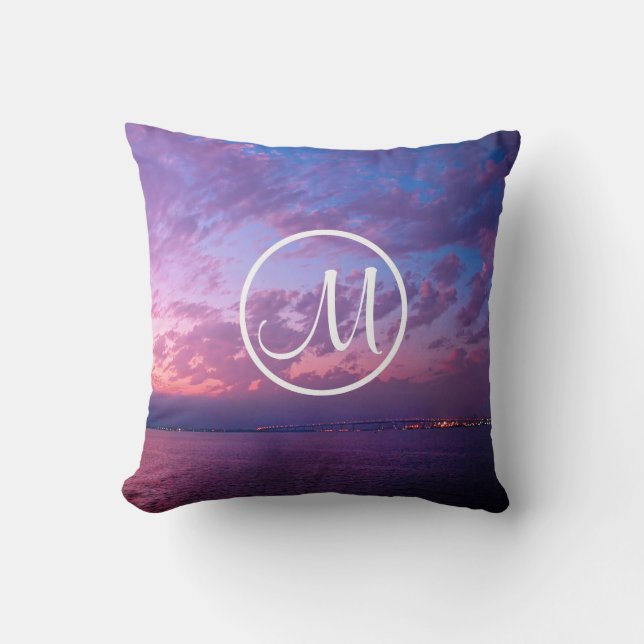 Purple pink clouds ocean sunset photo monogram cushion (Front)