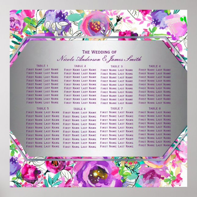 Purple Pink Colourful Modern Floral Seating Chart (Front)