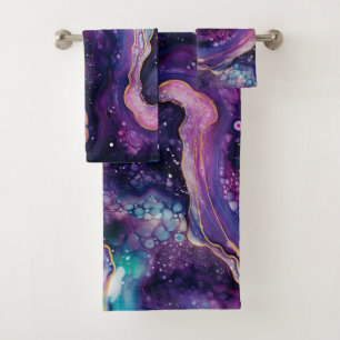 Purple Pink Cosmic Abstract with Gold Celestial Bath Towel Set