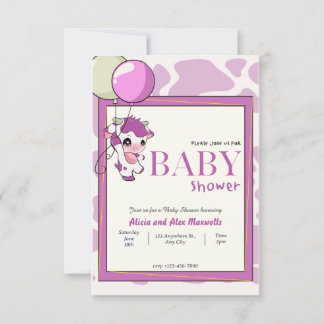 Purple Pink Cow with Balloon baby shower Invitation