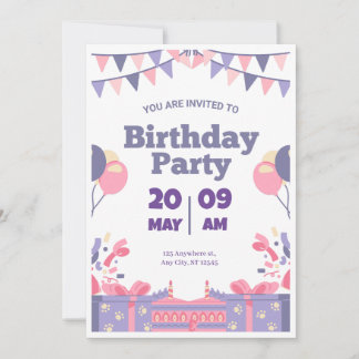 Purple & Pink Cute Birthday Party Invitation