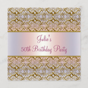 Purple Pink Damask Womans 50th Birthday Party Invitation