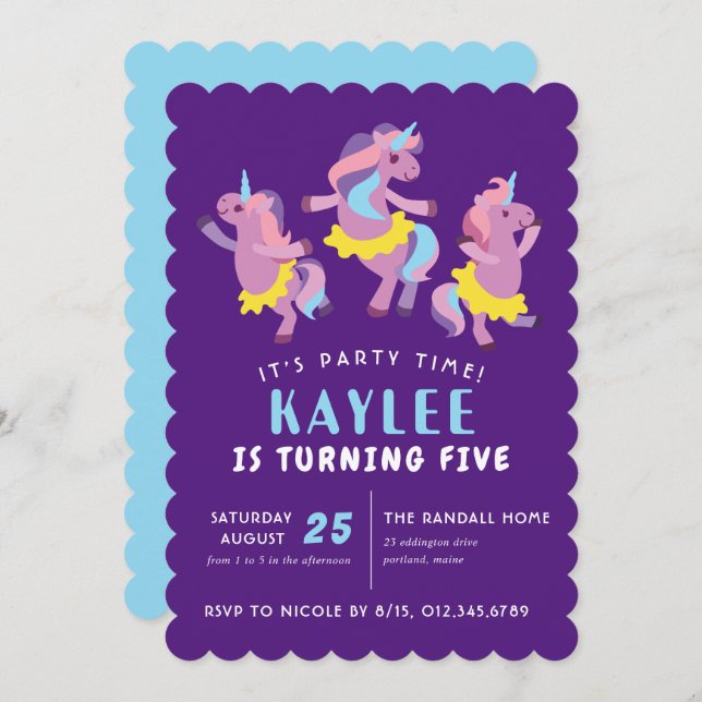 Purple Pink Dancing Unicorn Kids Birtnday Invitation (Front/Back)