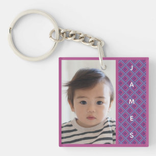 Purple Pink Diamond Pattern Artsy Baby Photo Name Key Ring