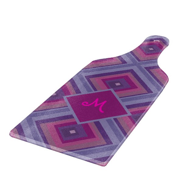 Purple Pink Diamond Pattern Monogram Initial Artsy Cutting Board (Corner)