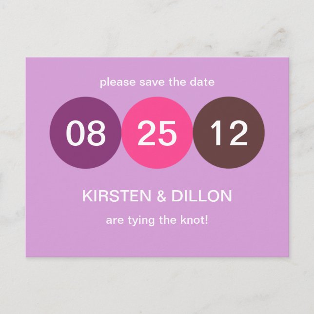 Purple pink dot wedding announcement save the date postcard (Front)