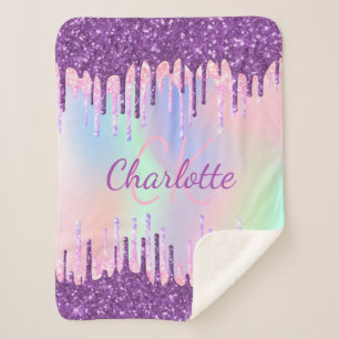 Purple pink drips holographic name initial sherpa blanket