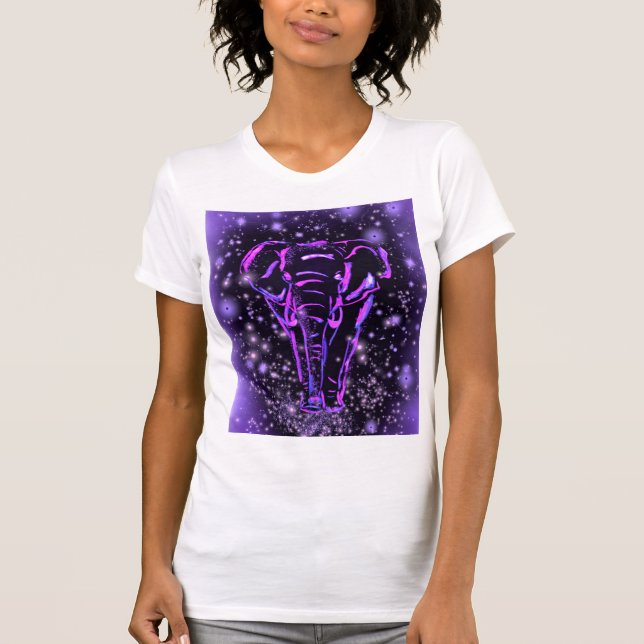 Purple Pink Elephant T-Shirt Walking In Galaxy (Front)