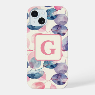Purple pink Eucalyptus Watercolor Leaves monogram iPhone 15 Case