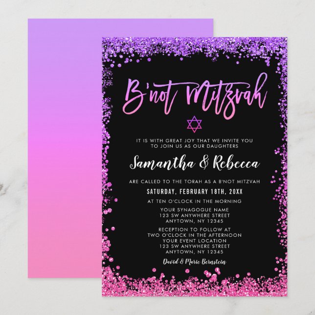 Purple Pink Faux Glitter B'not Mitzvah Invitation (Front/Back)