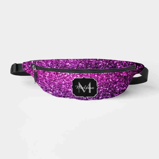 Purple pink faux glitter sparkles Monogram Bum Bags (Front)