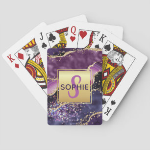 Purple & Pink & Faux Gold Glitter Agate Monogram Playing Cards