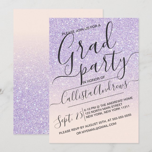 Purple Pink Faux Sparkly Glitter Ombre Graduation Invitation (Front/Back)