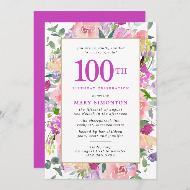 Purple Pink Floral 100th Birthday Invitation (Front/Back)