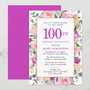 Purple Pink Floral 100th Birthday Invitation