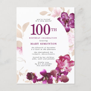 Purple Pink Floral 100th Birthday Invitation Postcard