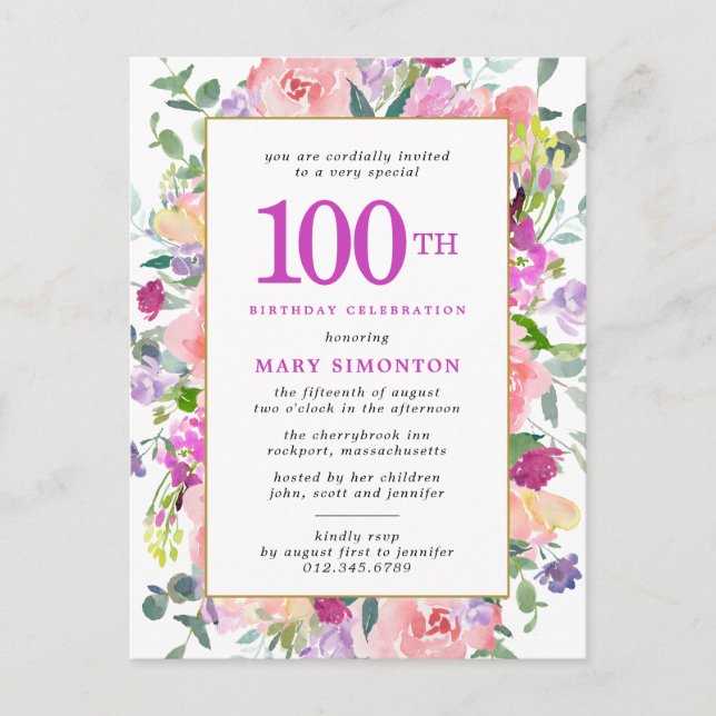 Purple Pink Floral 100th Birthday Invitation Postcard (Front)