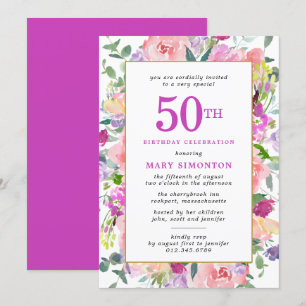 Purple Pink Floral 50th Birthday Invitation