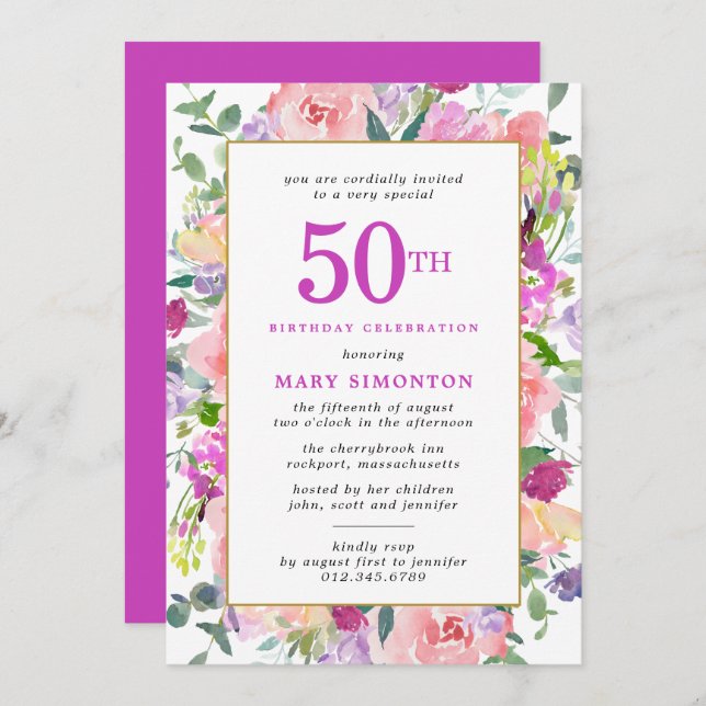 Purple Pink Floral 50th Birthday Invitation (Front/Back)