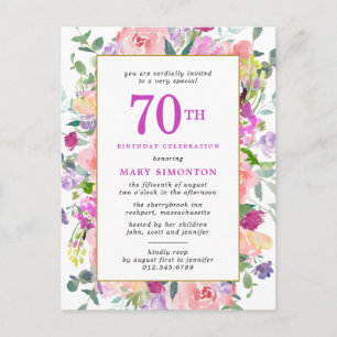 Purple Pink Floral 70th Birthday Invitation Postcard