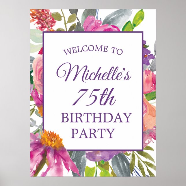 Purple Pink Floral 75th Birthday Welcome Poster (Front)