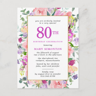 Purple Pink Floral 80th Birthday Invitation Postcard