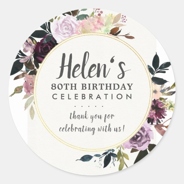 Purple Pink Floral 80th Birthday Thank You Classic Round Sticker (Front)