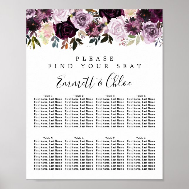 Purple Pink Floral 8-Table Wedding Seating Chart (Front)