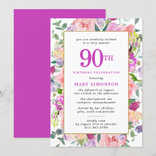 Purple Pink Floral 90th Birthday Invitation