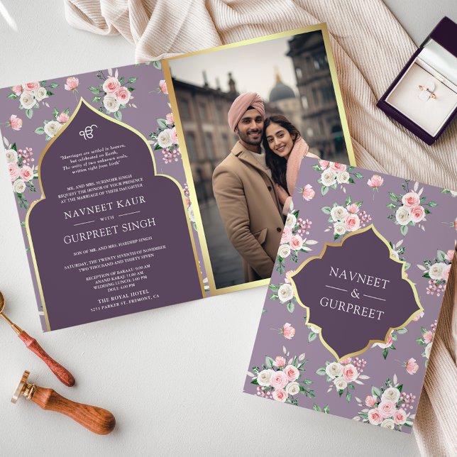 Purple Pink Floral All in One Anand Karaj Wedding Invitation (Creator Uploaded)