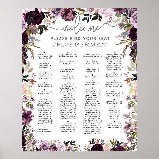  Purple Pink Floral Alphabetical Seating Chart (Front)
