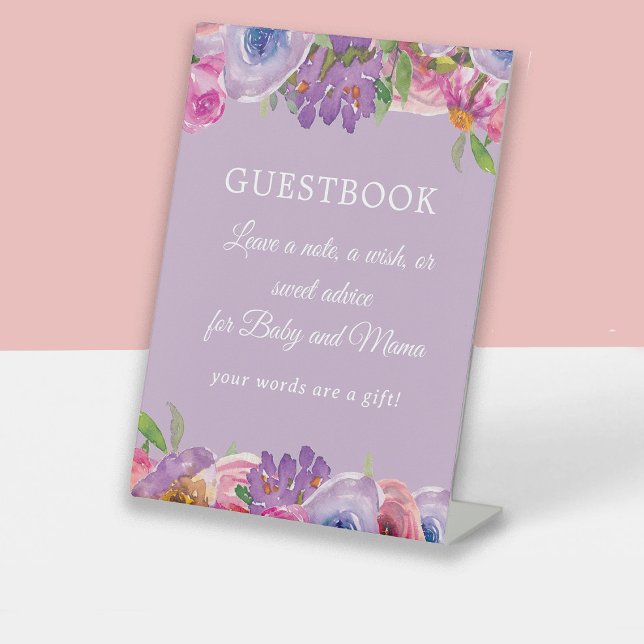 Purple Pink Floral Baby Girl Shower Guestbook Pedestal Sign (Pink and purple watercolor floral "Little bloom" baby girl shower guestbook sign)